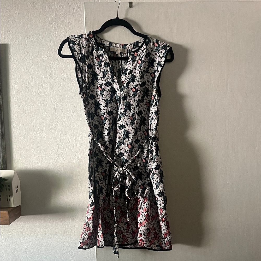 LOFT Black Floral Sleeveless Wrap Dress with Pink Accents